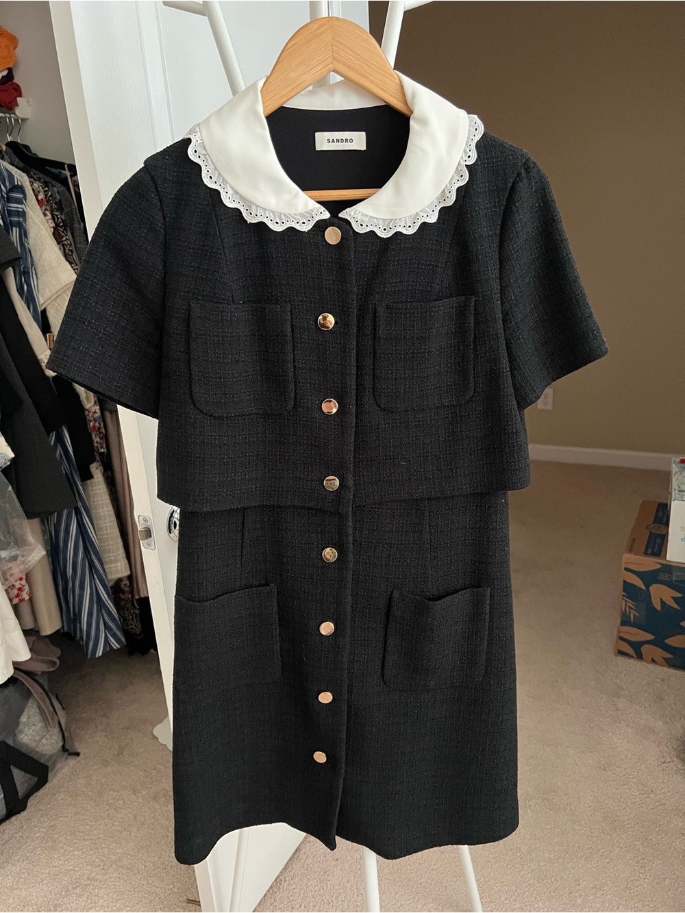 Sandro Black Tweed Short-Sleeve Dress with White Lace Collar